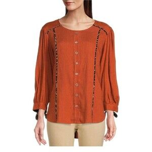 JOHN MARK Popover Top Women's Sz L Animal Trim Coastal Boho Lagenlook Mature